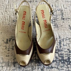 Miu Miu Brown and cream leather platform sandals size 34 1/2 but fits a size 5.